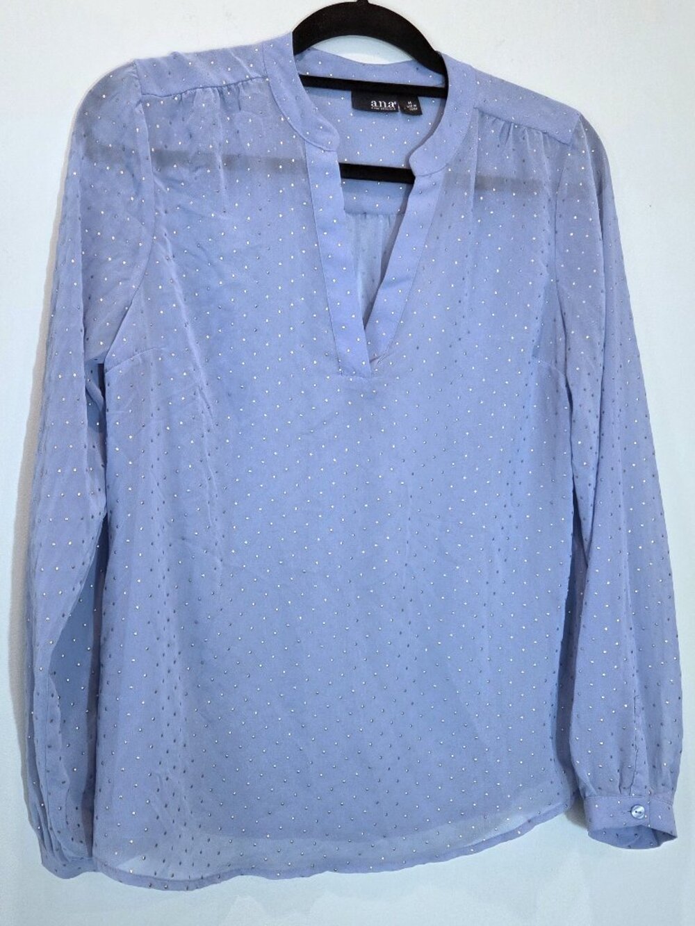 NWOT ANA Blue & Gold Polka Dot V-Neck Long Sleeve Sheer Blouse Size M